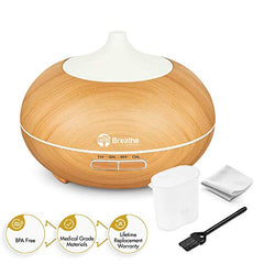 Breathe Essential Oil Diffuser | 550ml Diffusers for Essential Oils with Cleaning Kit & Measuring Cup | 16 LED Color Light Options, 4 Timer Settings, 2 Mist Outputs, Auto Power Off (Natural Oak)