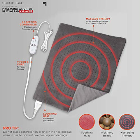 Calming Heat Massaging Weighted Heating Pad by Sharper Image- Electric Heating Pad with Massaging Vibrations, Auto-Off,12 Settings- 3 Heat, 9 Massage- 27 Relaxing Combinations, 12” x 24”, 4 lbs