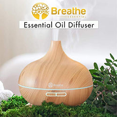 Breathe Essential Oil Diffuser | 550ml Diffusers for Essential Oils with Cleaning Kit & Measuring Cup | 16 LED Color Light Options, 4 Timer Settings, 2 Mist Outputs, Auto Power Off (Natural Oak)