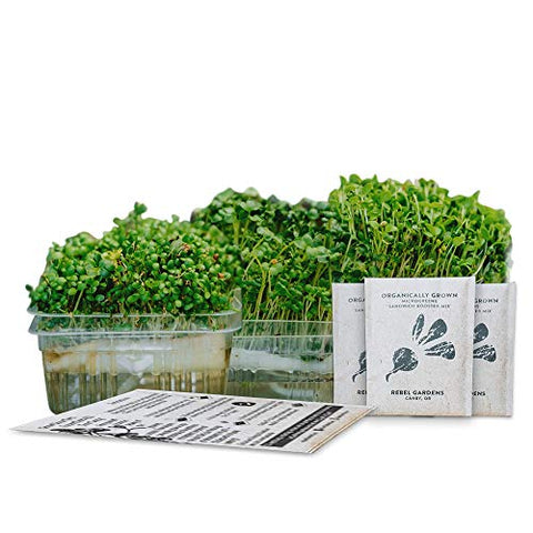 Self-Watering Microgreens Growing Kit - 3 Micro Greens from Organic Non-GMO Seeds - Window Garden or Counter Top - 3 Biodegradable Bamboo Seed Sprouting Pads + Microgreen Tray + Grow Guide
