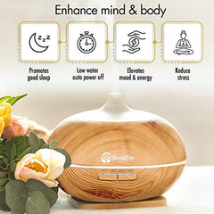 Breathe Essential Oil Diffuser | 550ml Diffusers for Essential Oils with Cleaning Kit & Measuring Cup | 16 LED Color Light Options, 4 Timer Settings, 2 Mist Outputs, Auto Power Off (Natural Oak)