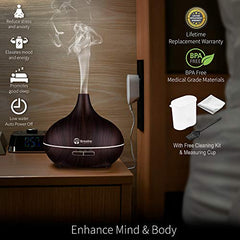 Breathe Essential Oil Diffuser | 550ml Diffusers for Essential Oils with Cleaning Kit & Measuring Cup | 16 LED Color Light Options, 4 Timer Settings, 2 Mist Outputs, Auto Power Off (Natural Oak)