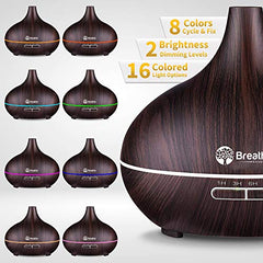 Breathe Essential Oil Diffuser | 550ml Diffusers for Essential Oils with Cleaning Kit & Measuring Cup | 16 LED Color Light Options, 4 Timer Settings, 2 Mist Outputs, Auto Power Off (Natural Oak)