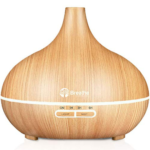 Breathe Essential Oil Diffuser | 550ml Diffusers for Essential Oils with Cleaning Kit & Measuring Cup | 16 LED Color Light Options, 4 Timer Settings, 2 Mist Outputs, Auto Power Off (Natural Oak)