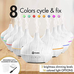 Breathe Essential Oil Diffuser | 550ml Diffusers for Essential Oils with Cleaning Kit & Measuring Cup | 16 LED Color Light Options, 4 Timer Settings, 2 Mist Outputs, Auto Power Off (Natural Oak)