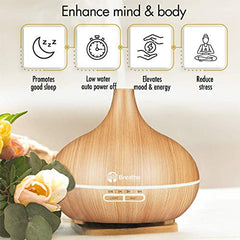 Breathe Essential Oil Diffuser | 550ml Diffusers for Essential Oils with Cleaning Kit & Measuring Cup | 16 LED Color Light Options, 4 Timer Settings, 2 Mist Outputs, Auto Power Off (Natural Oak)